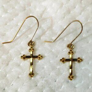 14K Yellow Gold Botonee Cross Dangle Earrings Ribbed Christian Trinity Religious